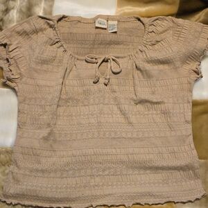 Falls Creek Beige Textured Blouse with Tie Detail